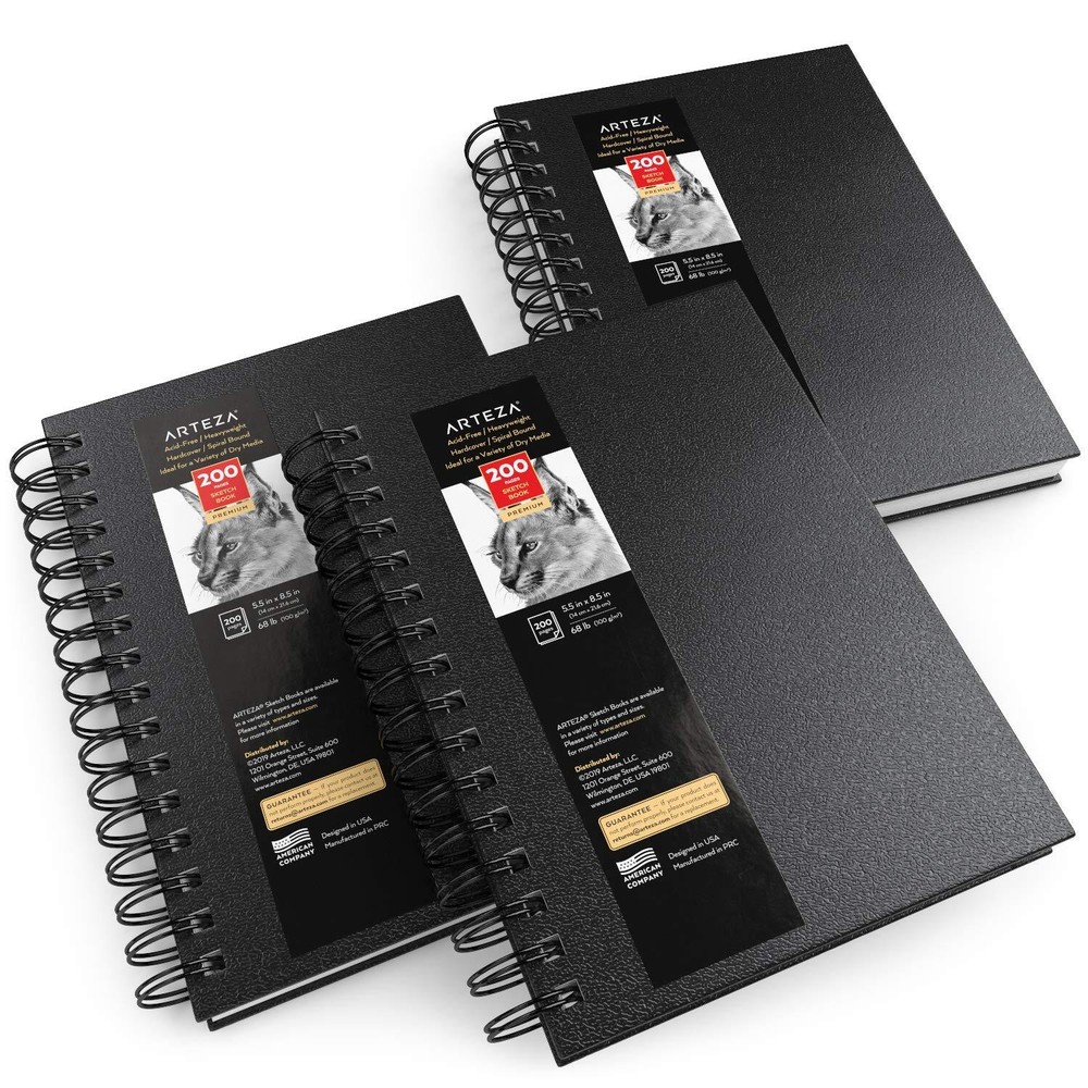 Arteza Sketchbook | Spiral-Bound Hardcover | Black | 5.5 x 8.5” – Pack of 3