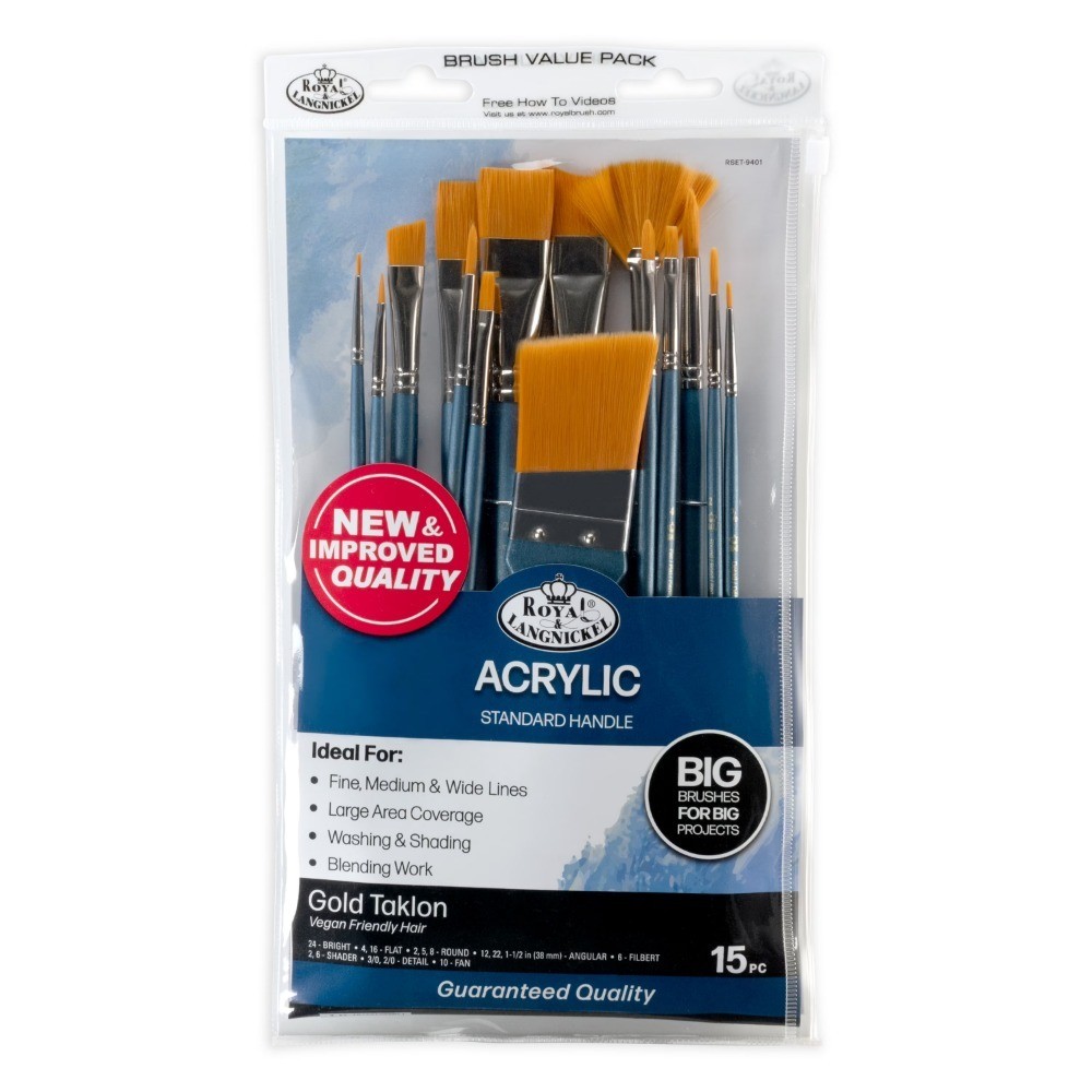 Assorted Shapes Golden Taklon Acrylic Art Brushes 15 Piece