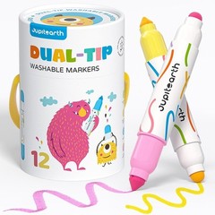 Washable Dual Tip Markers for Kids, Broad & Round Tip, Easy-Grip Design 12 Color
