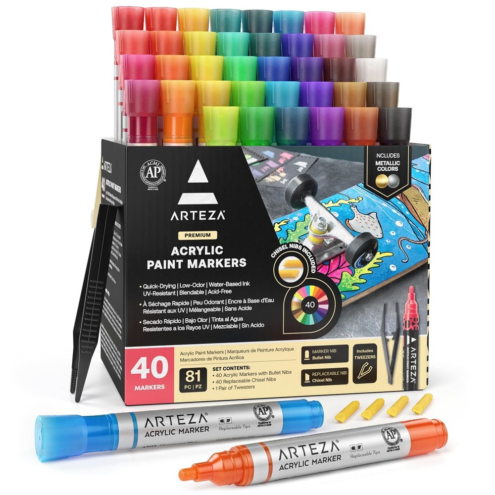 Arteza Acrylic Paint Markers, Set of 40 Acrylic Paint Pens in Assorted Colors, A