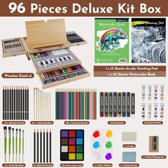Juego De Arte Premium 96 Piezas De Madera Con Bloc De Dibujo Y Pinturas
