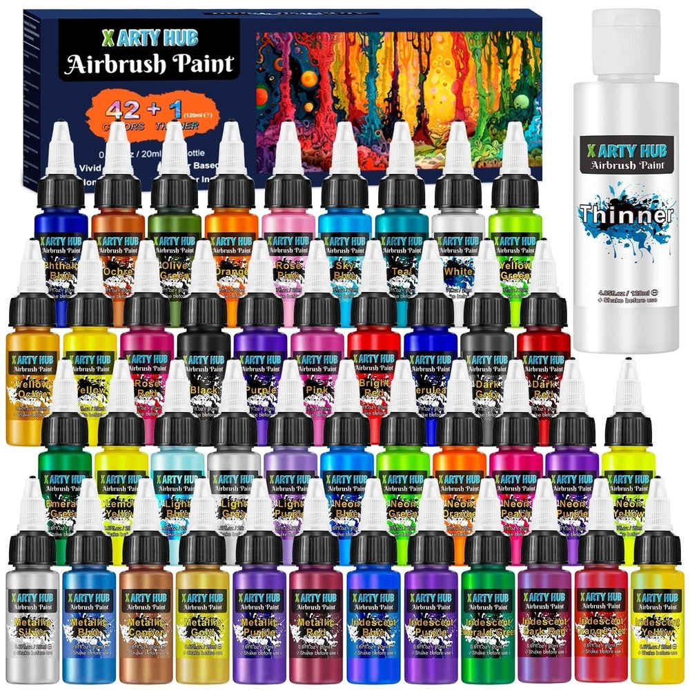 Airbrush Paint – 42 Colors with 4.05 Fl Oz Thinner, Iridescent, Neon and Meta…