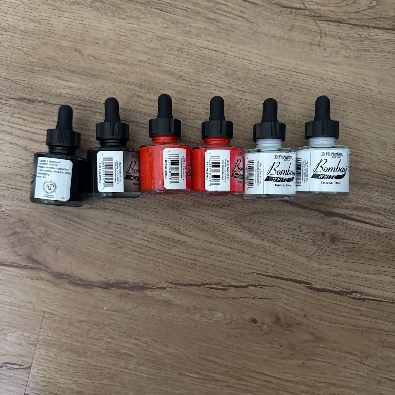 Lot of 6 Dr. Ph. Martin’s Bombay India Ink Ink Bottle, 1.0 oz, White Red Black