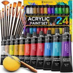 Complete Acrylic Paint Set – 24Х Rich Pigment Colors – 12X Art Brushes with B…