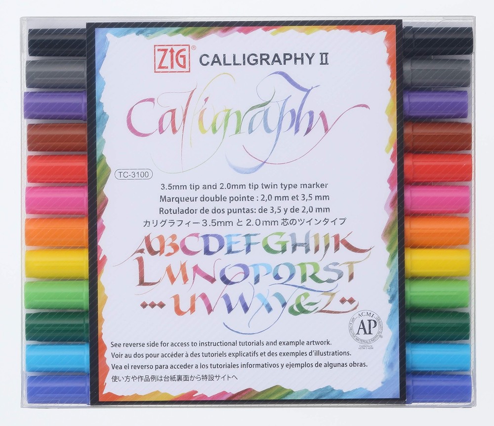 Kuretake ZIG Calligraphy Marker Pens, 12 Colors set, 2mm & 3.5mm Dual Tip Mar…