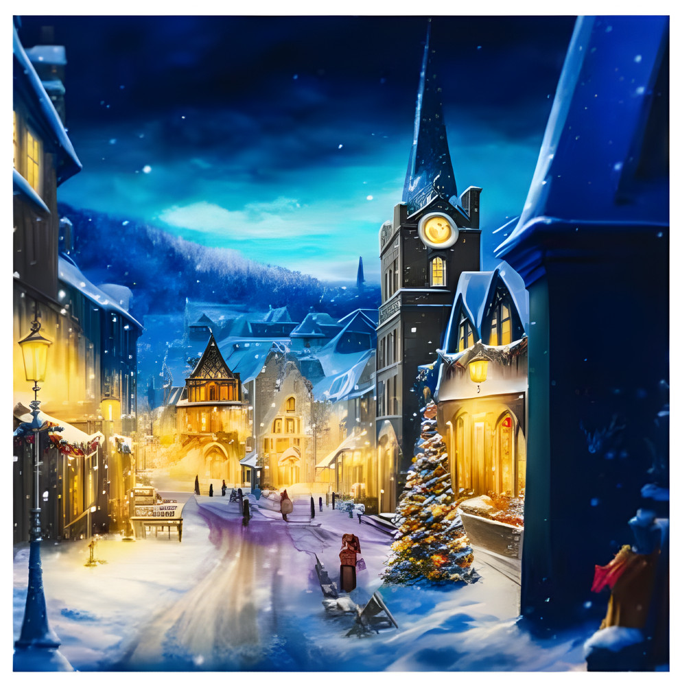 Christmas Village Paint by Number Kit 18×18″ Canvas Snowy European Town Holiday