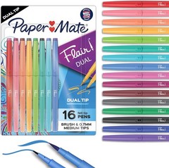 Paper Mate Flair DUAL Felt Tip Pens Brush Medium 16 Count Journaling Lettering