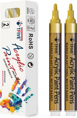 Gold Paint Marker Pens – 2 Pack Acrylic Permanent Marker, 2-3Mm Medium Tip, Pain