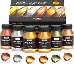 Nicpro Acrylic Paint Metallic, 6 Colors Gold, Silver, Copper, Brass, Bronze, Dee