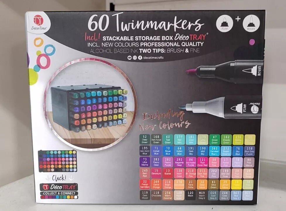 Decotime 60pk twin markers Paint ART Deco Tray ANY SURFACE Alc ink NEW