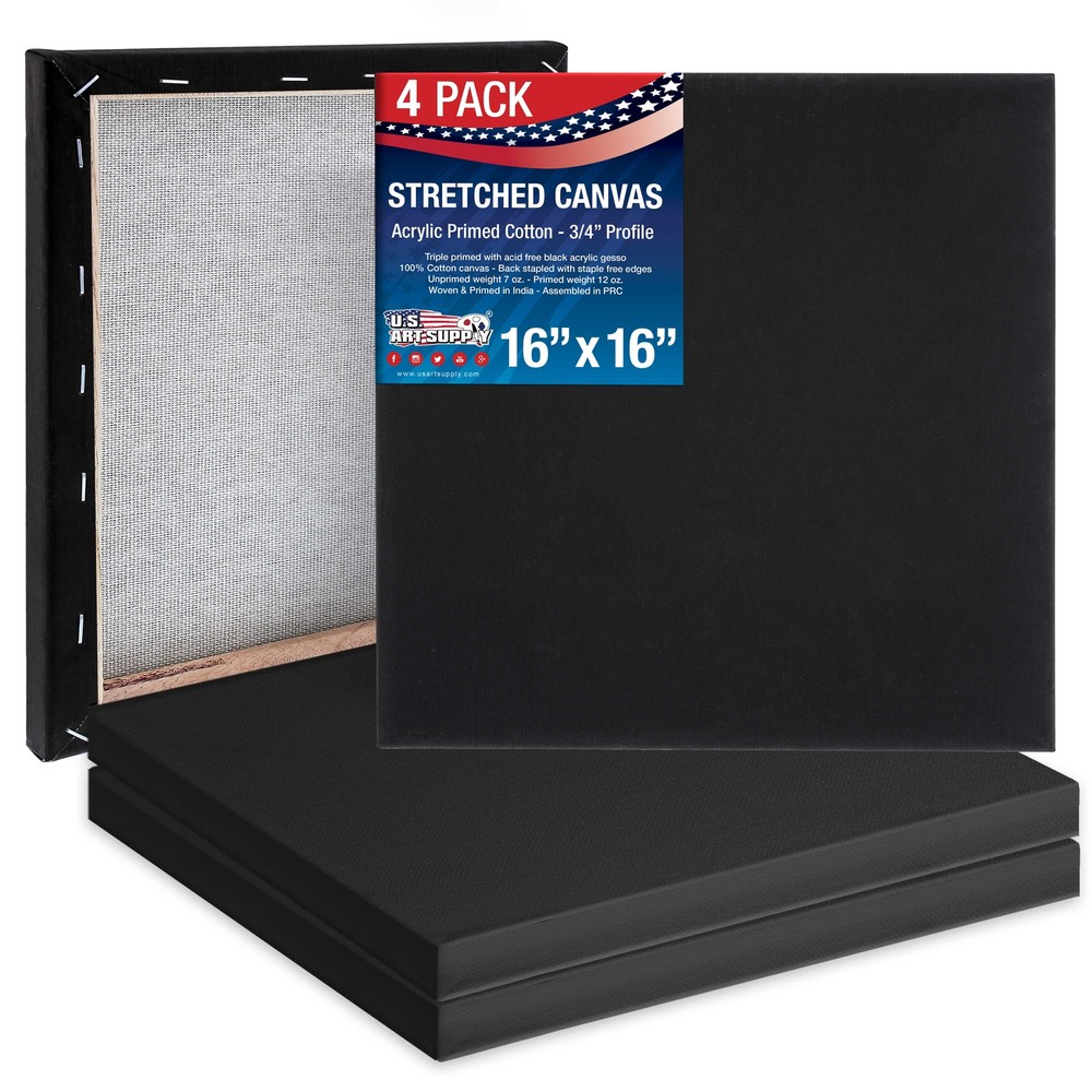 16″ x 16″ Black Stretched Canvas 12oz Primed, 4-Pack 3/4″ Profile, 100% Cotton