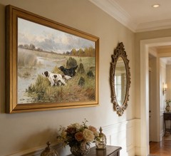 Vintage Golden Framed Canvas Wall Art Retro two Dog and River Painting Pictur…