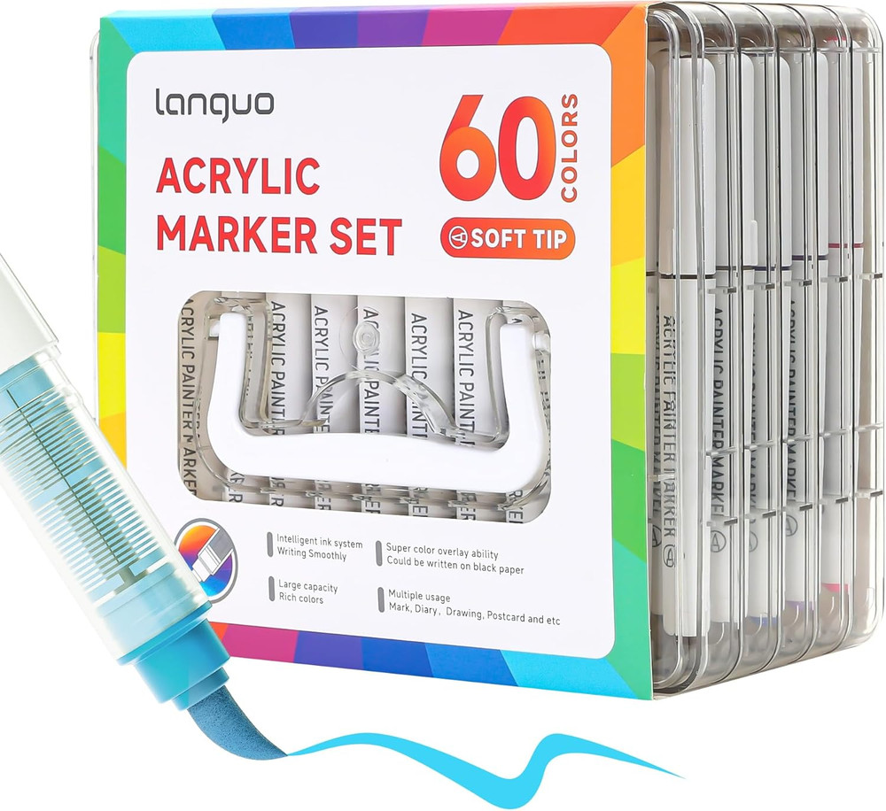 60 Colors Acrylic Paint Markers Pens Set, Soft Brush Tip Markers with Fast Dryin
