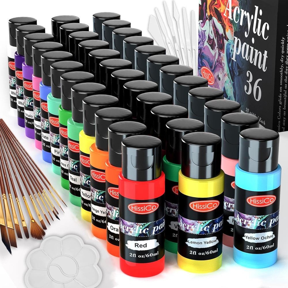 55PCS Acrylic Paint Set of 36 Colors 2Fl Oz 60Ml Bottles 12 Brushes,Non Toxic 36