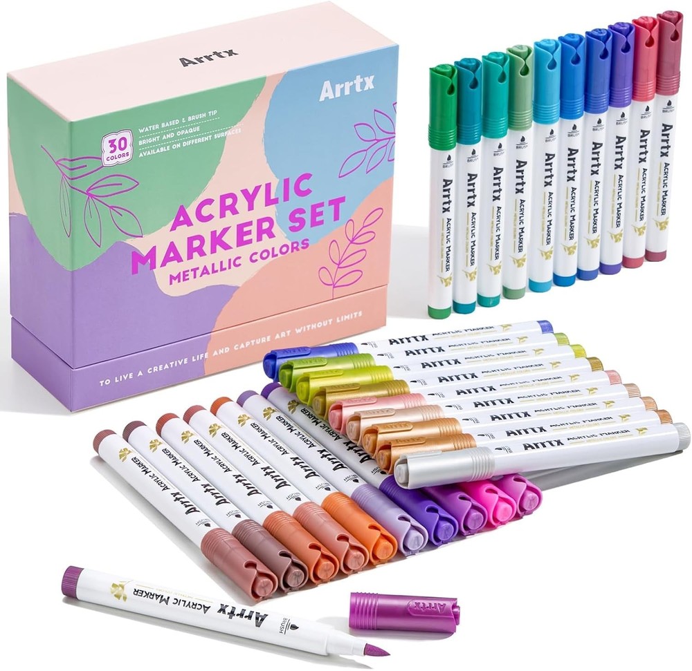 Arrtx Metallic Acrylic Paint Markers 30 Colors 1-6mm Flexible Nylon Brush Tip