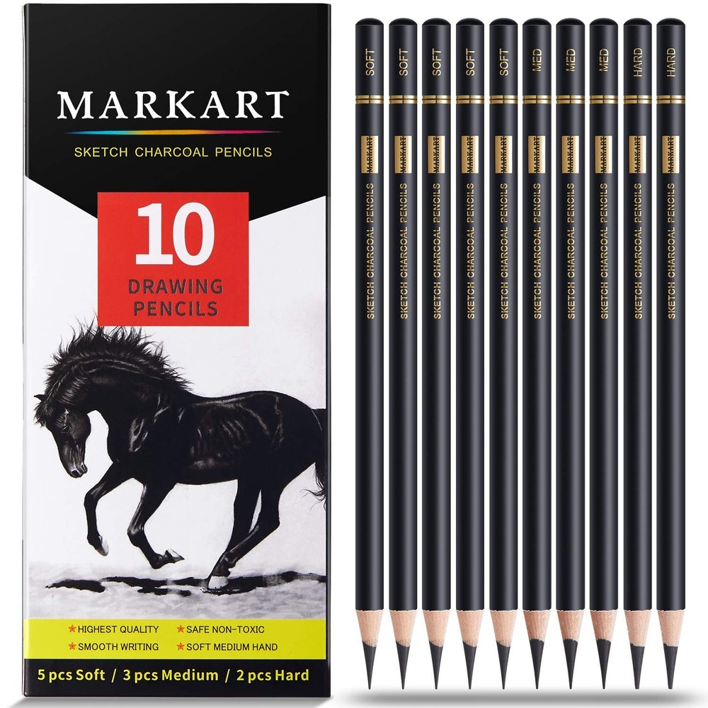 Charcoal Pencils Drawing Set Soft Medium Hard 10 Pieces for Sketching Shading