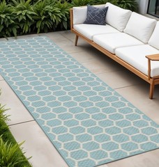 8′ Aqua And Ivory Geometric Indoor Outdoor Runner Rug