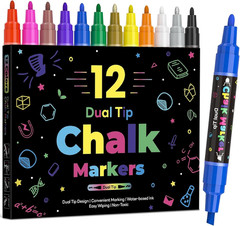 12 Dual Tip Liquid Chalk Markers – Erasable Marker Pens for Blackboard, Chalkboa