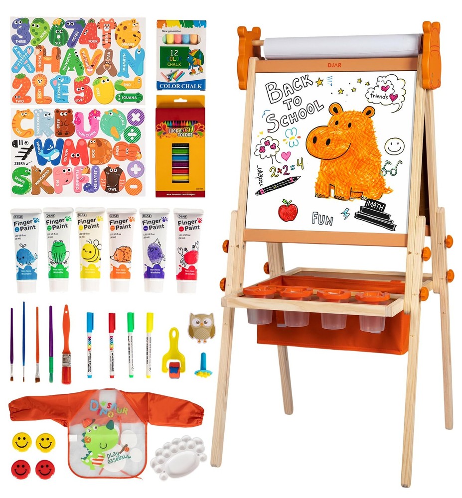 Adjustable Kids Art Easel with Paper Roll & Magnetic Whiteboard, Hippo