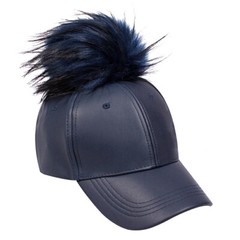 Baseball Cap – Faux Leather With Detachable Faux Fox Fur Pom Pom – Navy – HT-…