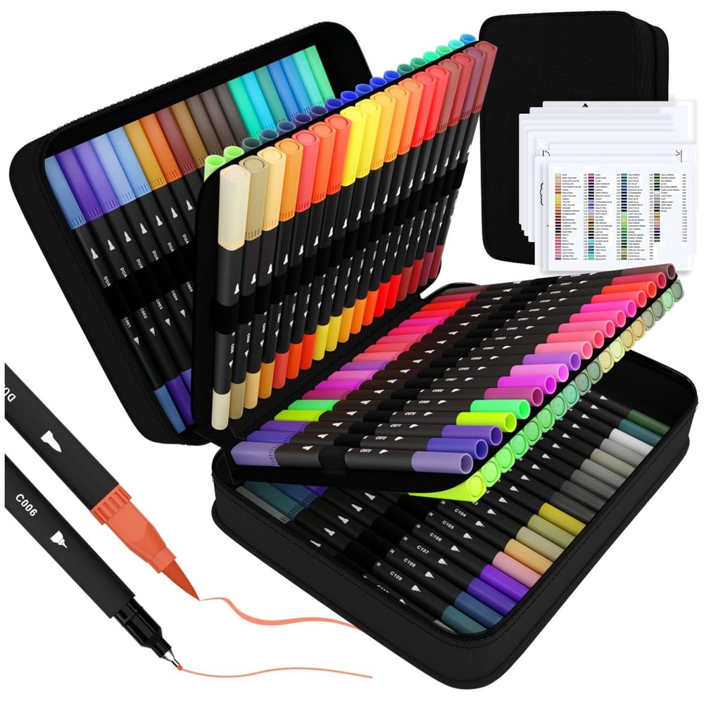 110-Color Fineliner & Brush Pen Set, Case