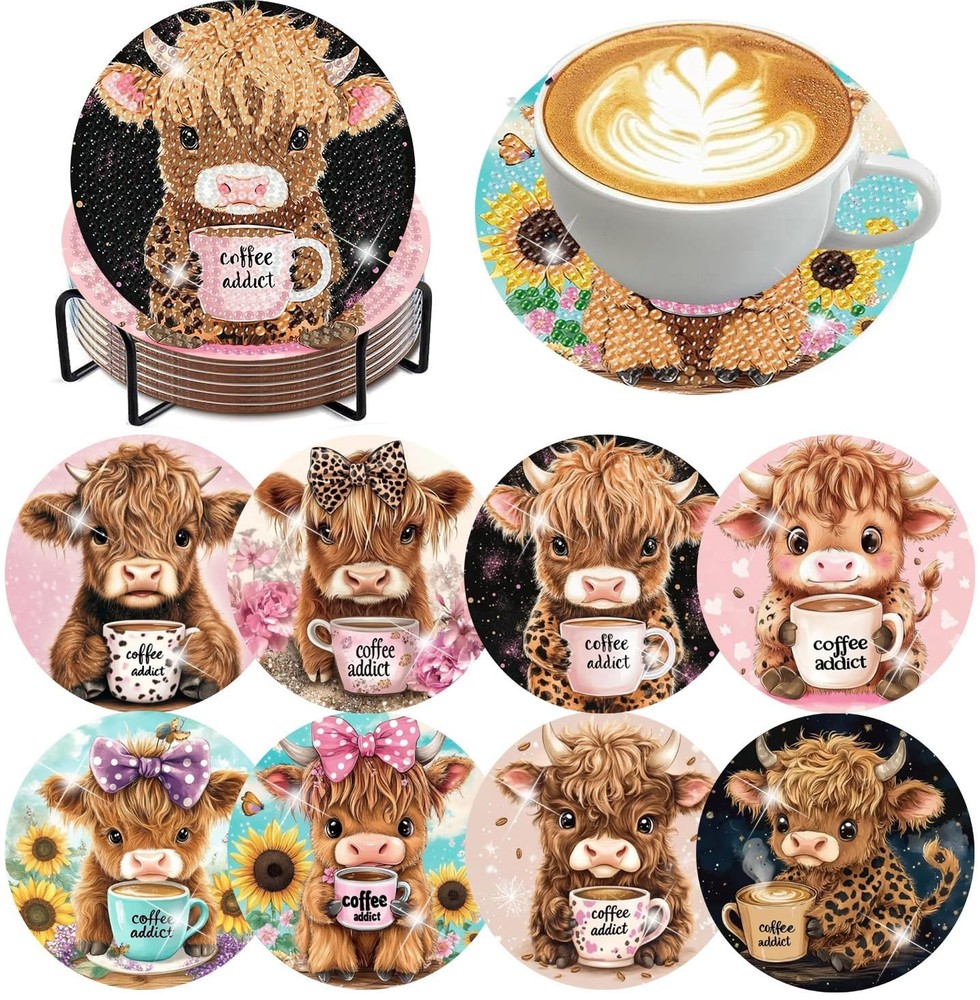 8 Pack Highland Cow Diamond Art Coasters Kit w/ Holder Cork Pads DIY Craft