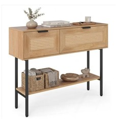 Natural Rattan Console Table with Storage Cabinets & Open Shelf, 40 Inch Entrywa