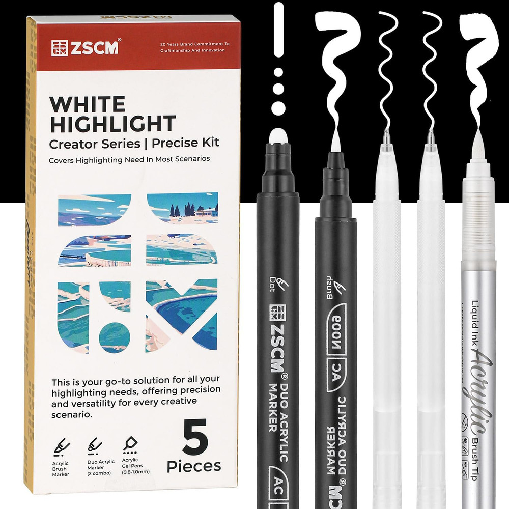 5 Pack White Acrylic Ink Pens for Drawing, Fine Point White Pens, Opaque Acry…