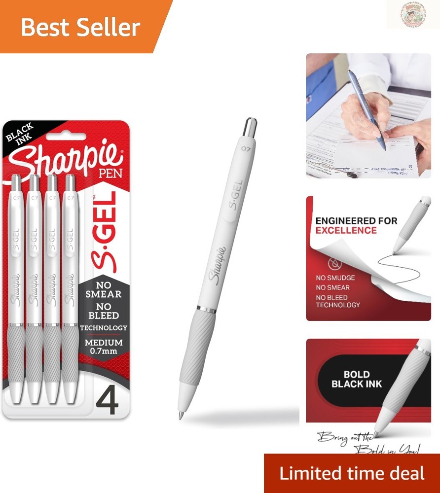 4 S-Gel Pens – Retractable, No Smear, Black Ink, Pearl White Finish