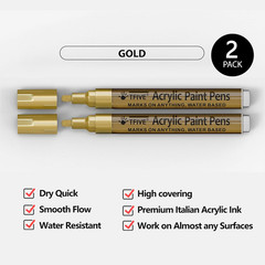Gold Paint Marker Pens – 2 Pack Acrylic Permanent Marker, 2-3Mm Medium Tip, Pain