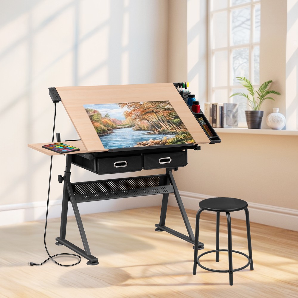 Adjustable Drafting Drawing Table Tabletop Tiltable w/ Stool & Outlet Natural