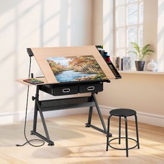 Drafting Drawing Table Tabletop Adjustable Height with Charge Outlet Natural