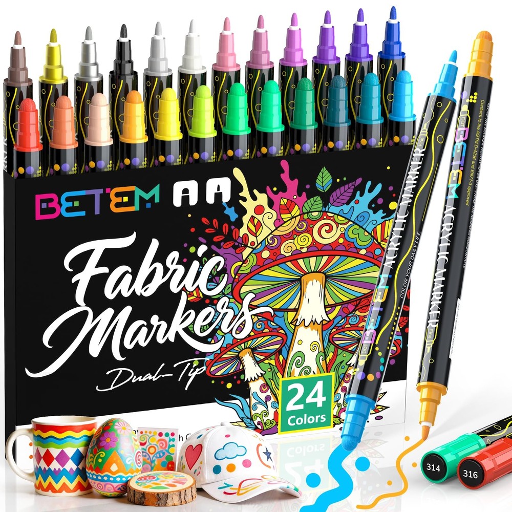 “24 Colors Dual Tip Acrylic Paint Markers for Fabric, Rock, Wood, Glass”