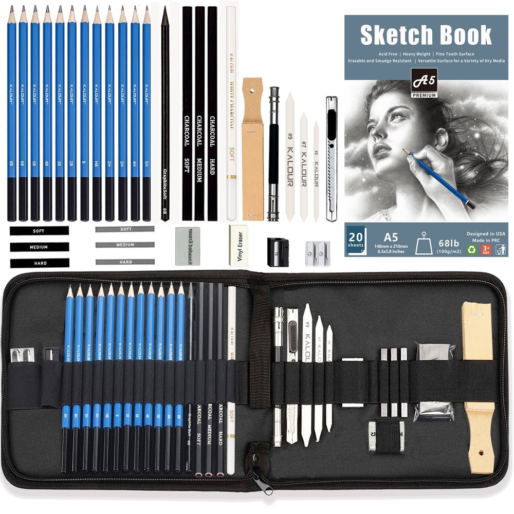34 Sketching Pencil Set with Sketchbook – Zippered Travel Case – Sketch,,Eras…
