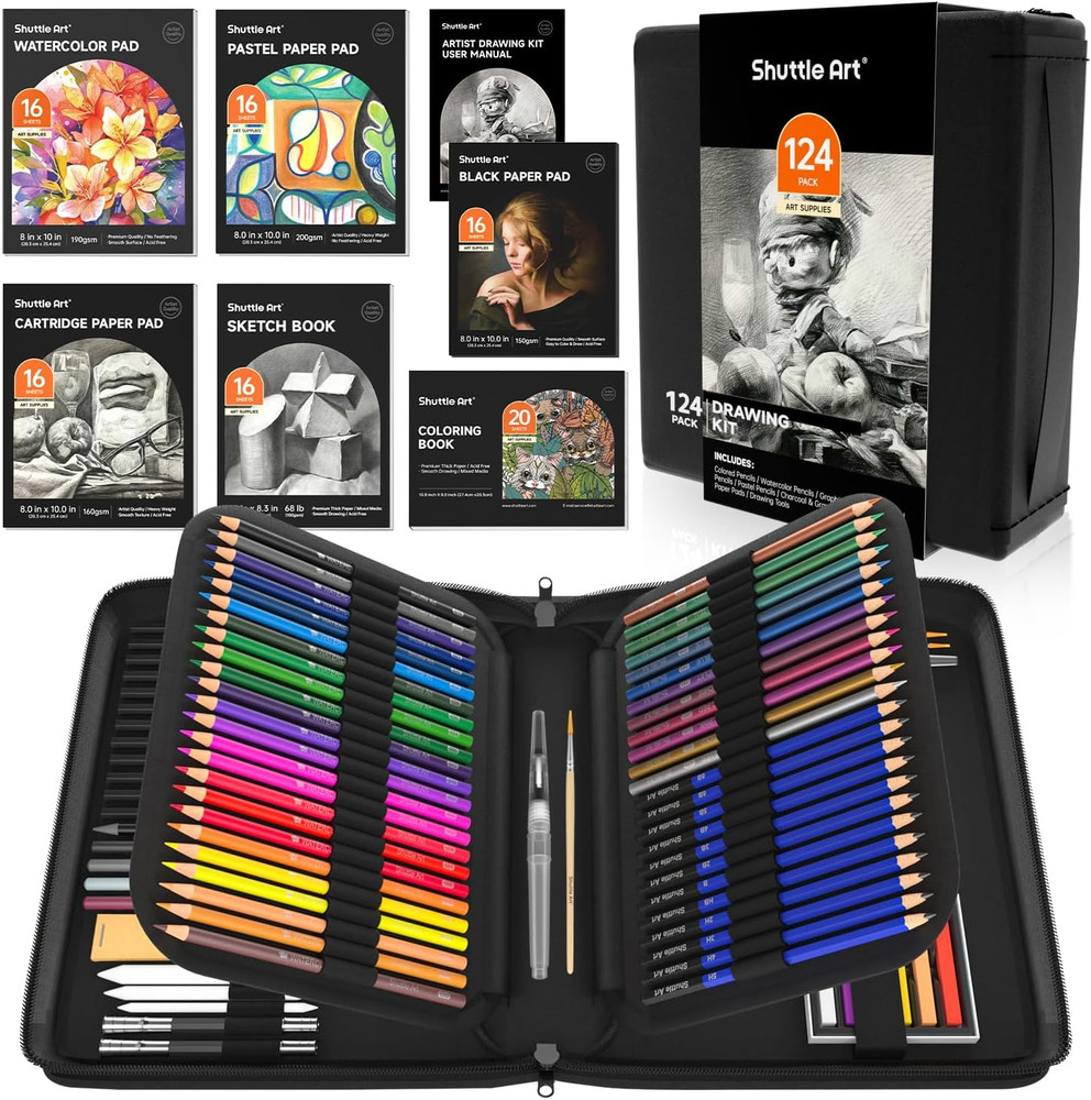 124 PCS Drawing Kit, Professional Drawing Supplies with Sketch, Charcoal, Colore