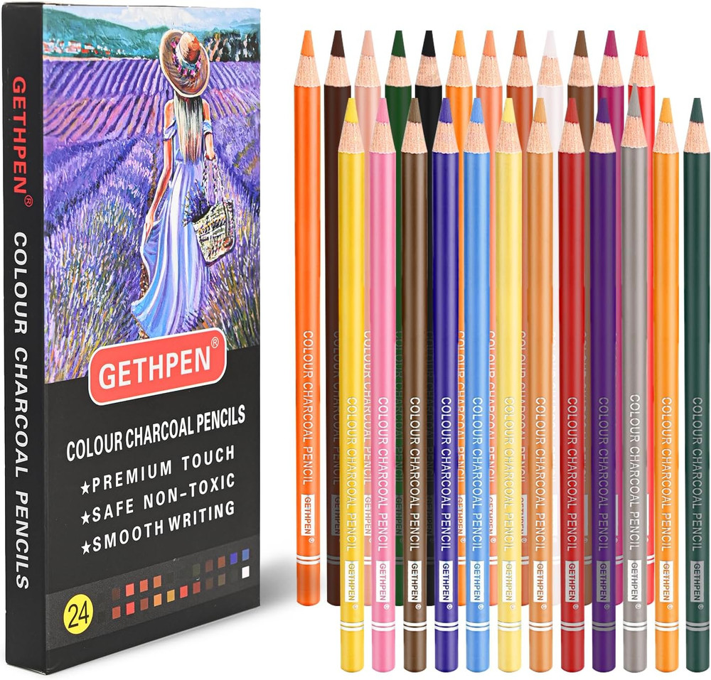 24-Color Charcoal Pencil Set � Skin Tones & Pastel Chalk Pastel Chalk Colored Pe