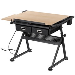 Drafting Drawing Table Tabletop Adjustable Height with Charge Outlet Natural