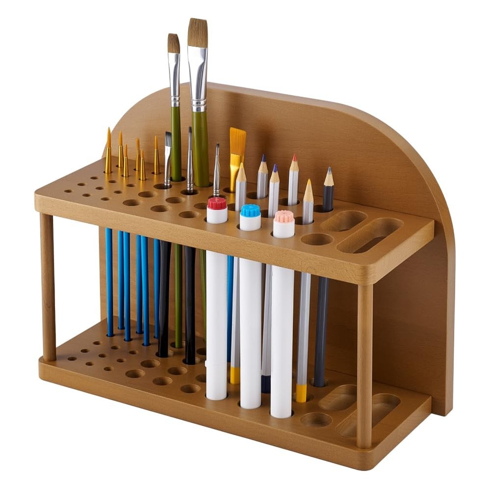PH PandaHall Paint Brush Holder with 39 Slots Wooden Paint Brush Organizer Pa…