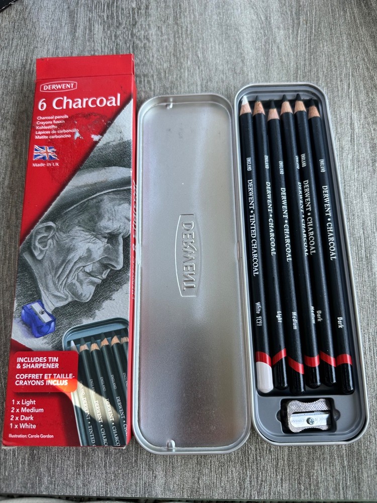 Derwent Charcoal Pencil Set 6 Piece Tin with Sharpener Artist Drawing Sketching