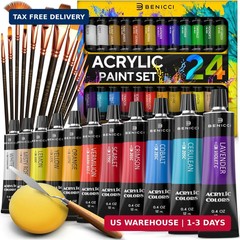 Complete Acrylic Paint Set – 24х Rich Pigment Colors – 12x Art Brushes with Bonu