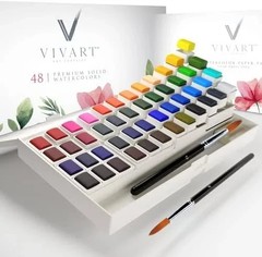 Vivart Watercolor Paint Set w/48 Premium Paint Pans, Palette, Paper & 2 Brushes