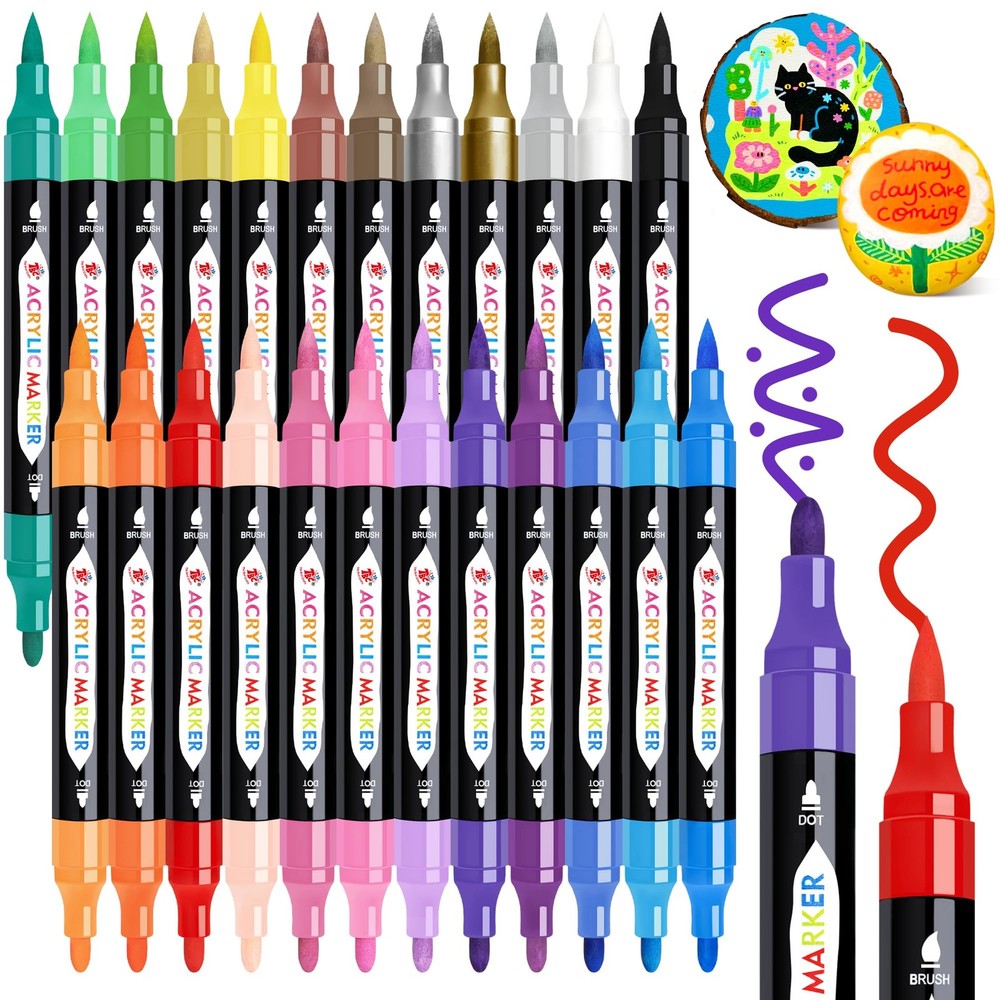 24 Colors Dual Tip Acrylic Paint Markers,Waterproof, Non-Toxic, odorless, Sui…