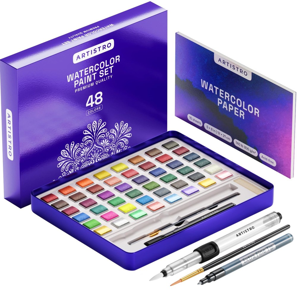 ARTISTRO 48 Color Watercolor Paint Set Portable Paint Art Kit with Palette Brush