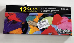 Emooqi Acrylic Paint Set 12 Colors 22ml/0.74oz 3 Brushes Non-Fading NEW