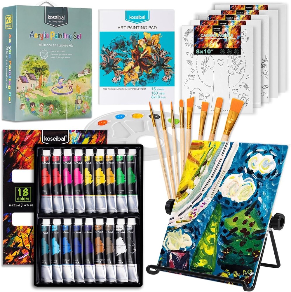 Art Painting Kit koseibal Acrylic Set 18 Paints Table Easel