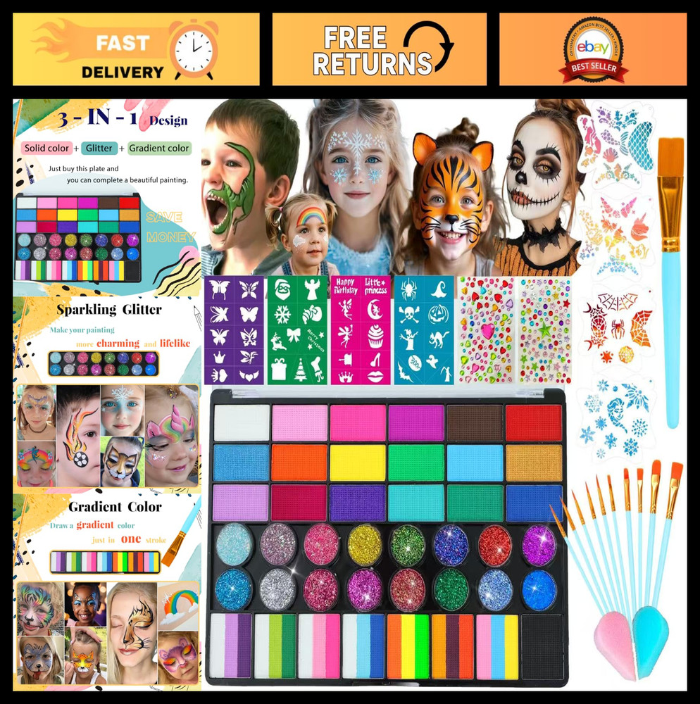 42 Color Face Painting Kit – Non-Toxic Water Activated Makeup Set with Brushes,
