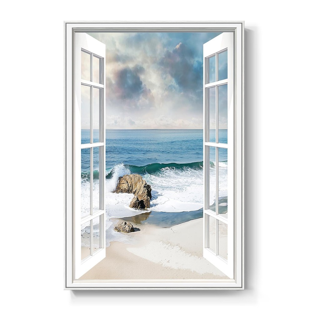 Framed Window Beach Scene Wall Art, Nature Blue Coastal Seascape Vertical Can…