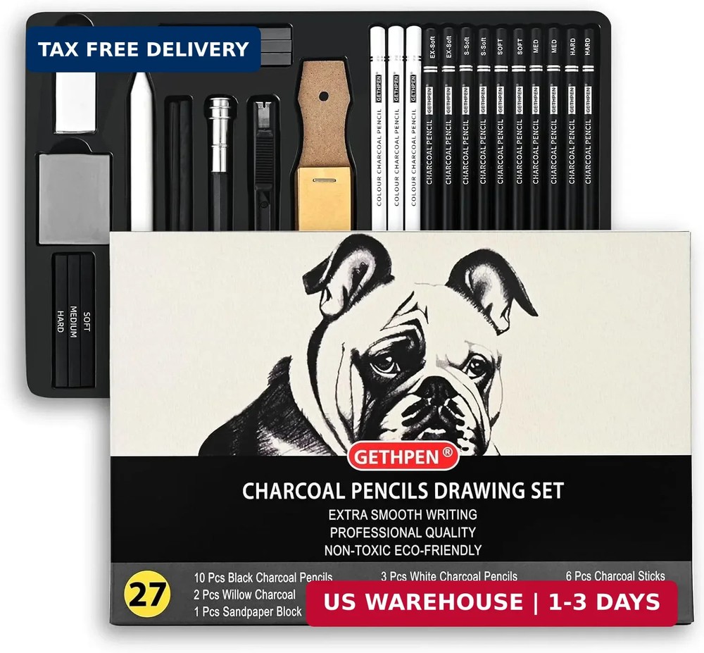 27 Piece Charcoal Drawing Set – Professional Black & White Charcoal Pencils for