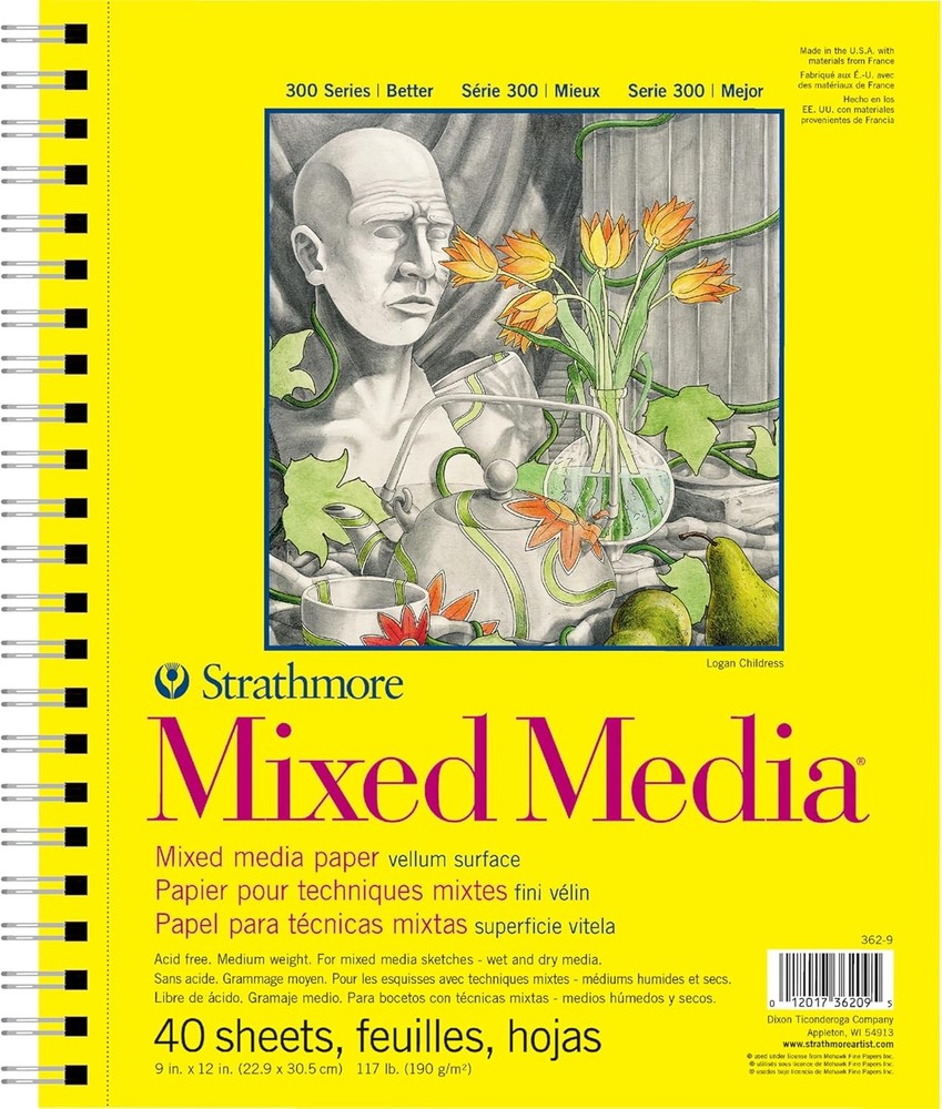 Strathmore 300 Series Mixed Media Paper Pad, Side Wire Bound, 12L x 9W, white