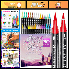 30 Colors Dual Tip Acrylic Paint Markers – Fine & Brush Tips for Rock, Canvas, W